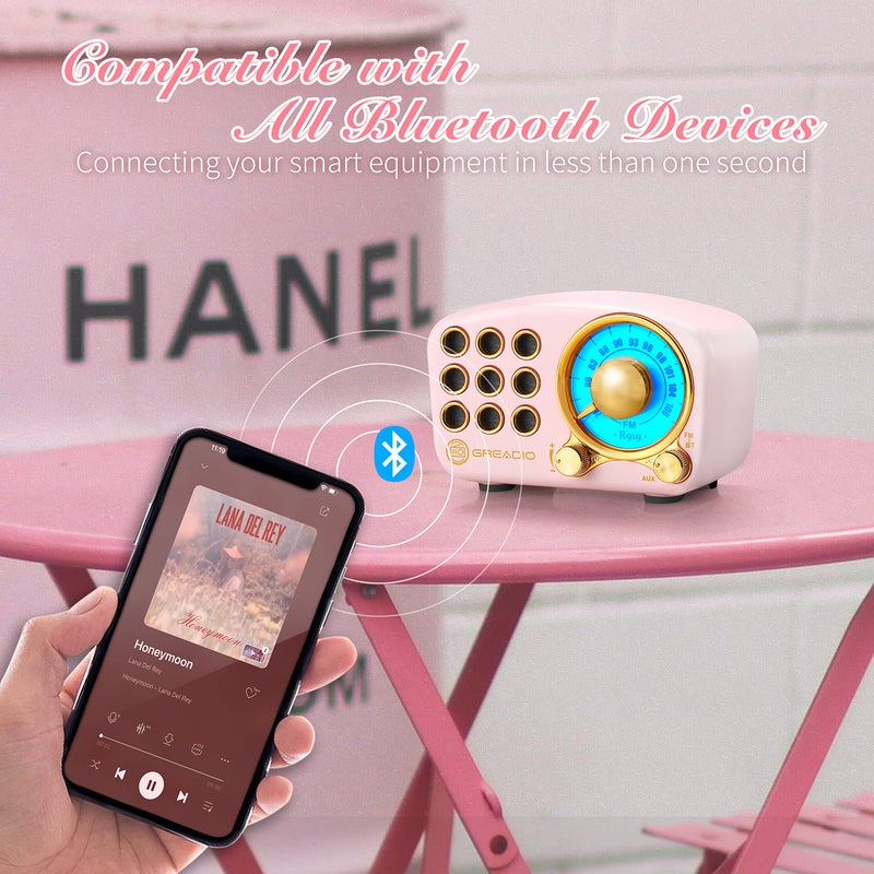 Greadio Retro Bluetooth Speaker, Vintage Radio-Greadio FM Radio with Old Fashioned Classic Style, Strong Bass Enhancement, Loud Volume, Bluetooth 5.0 Wireless Connection, TF Card and MP3 Player (Pink) - Image 4